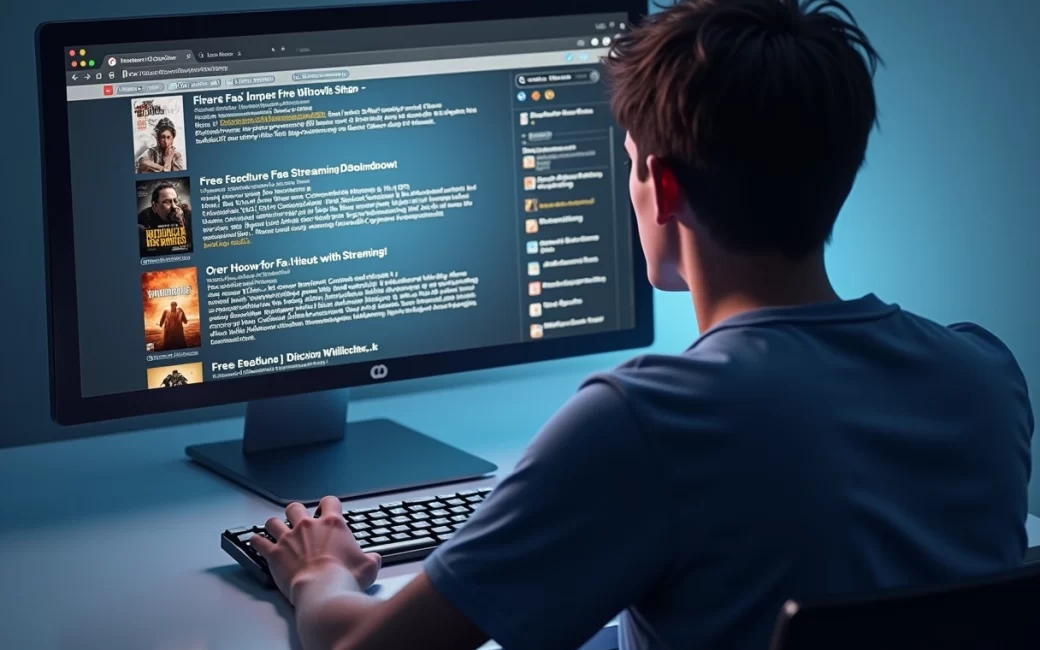 Person at computer viewing search results for free movie sites