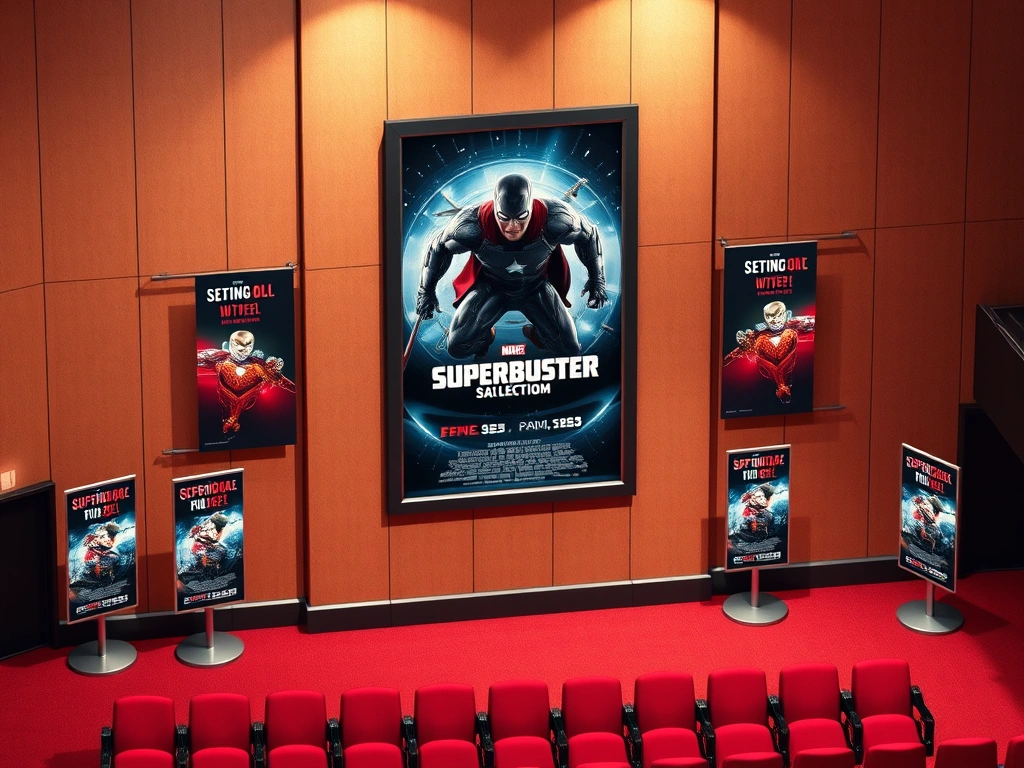Blockbuster movie poster displayed in theater with promotional materials