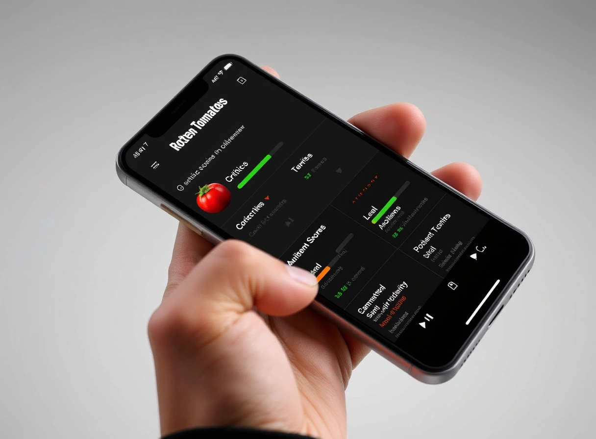 Smartphone screen displaying Rotten Tomatoes movie ratings and reviews