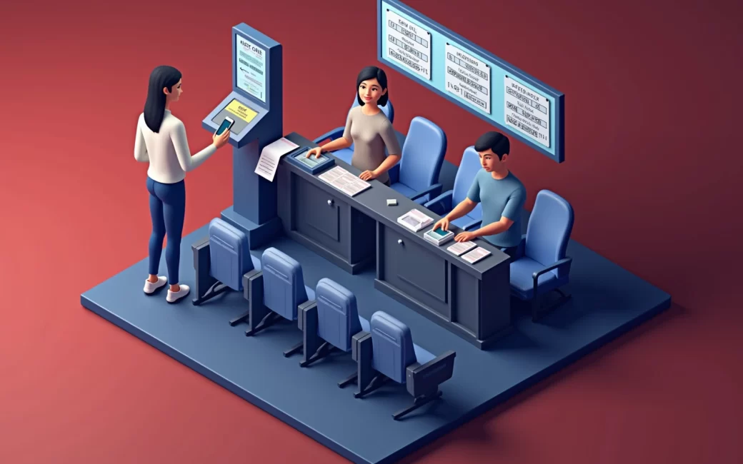 A person buying movie tickets at a theater box office or digital kiosk