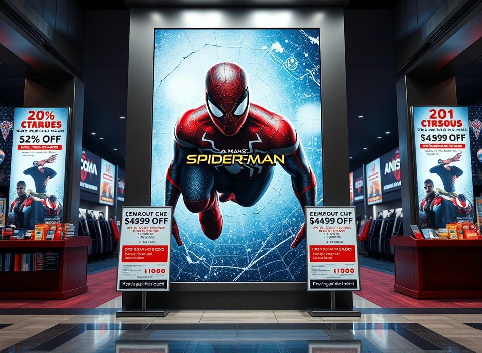 Spider-Man promotional materials and ticket offers displayed in a movie theater lobby