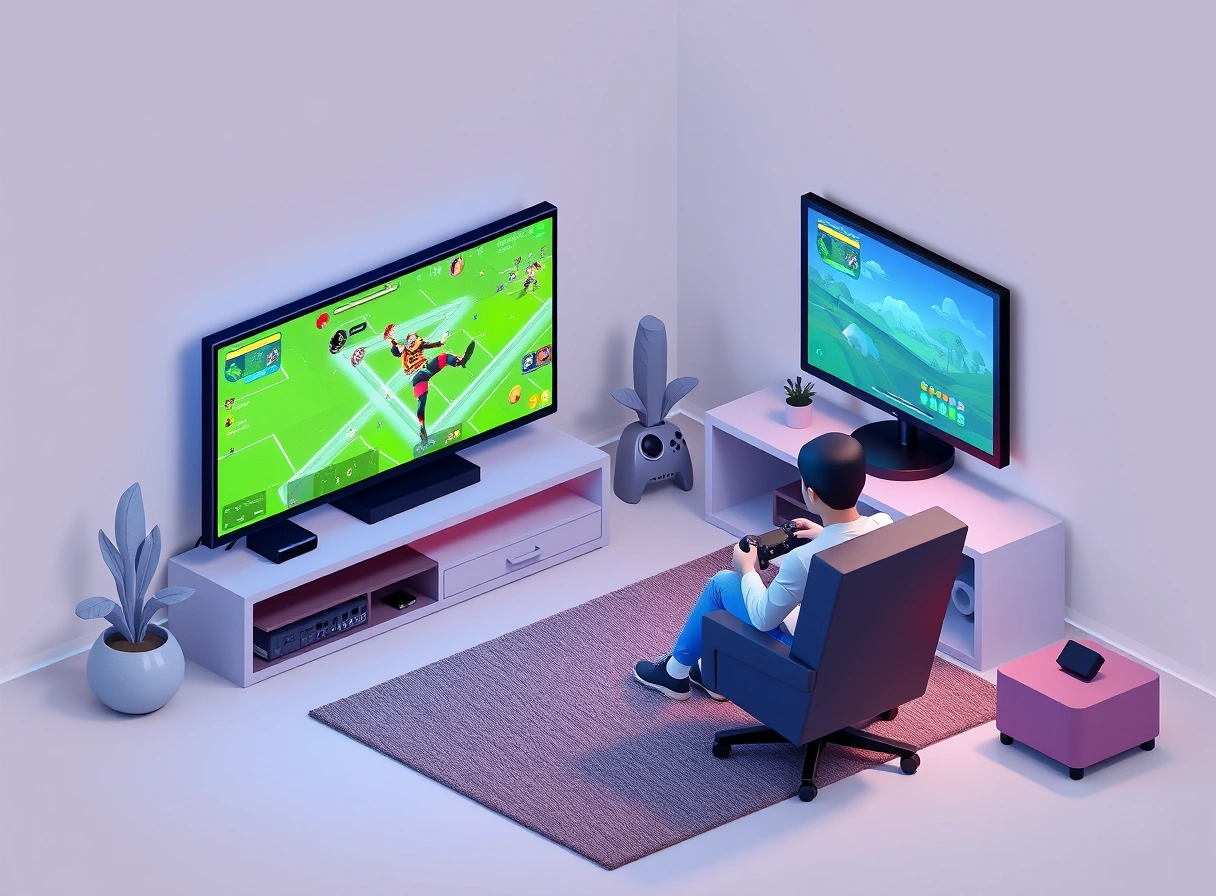 Gamer holding controller while playing on a console connected to TV