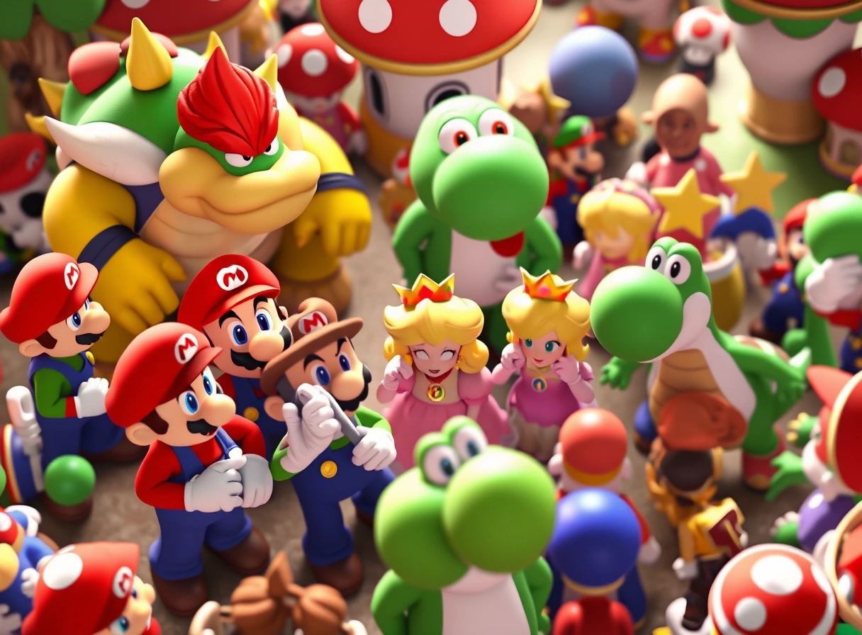 Multiple Mario characters fill the frame, each demanding visual attention in a busy scene.